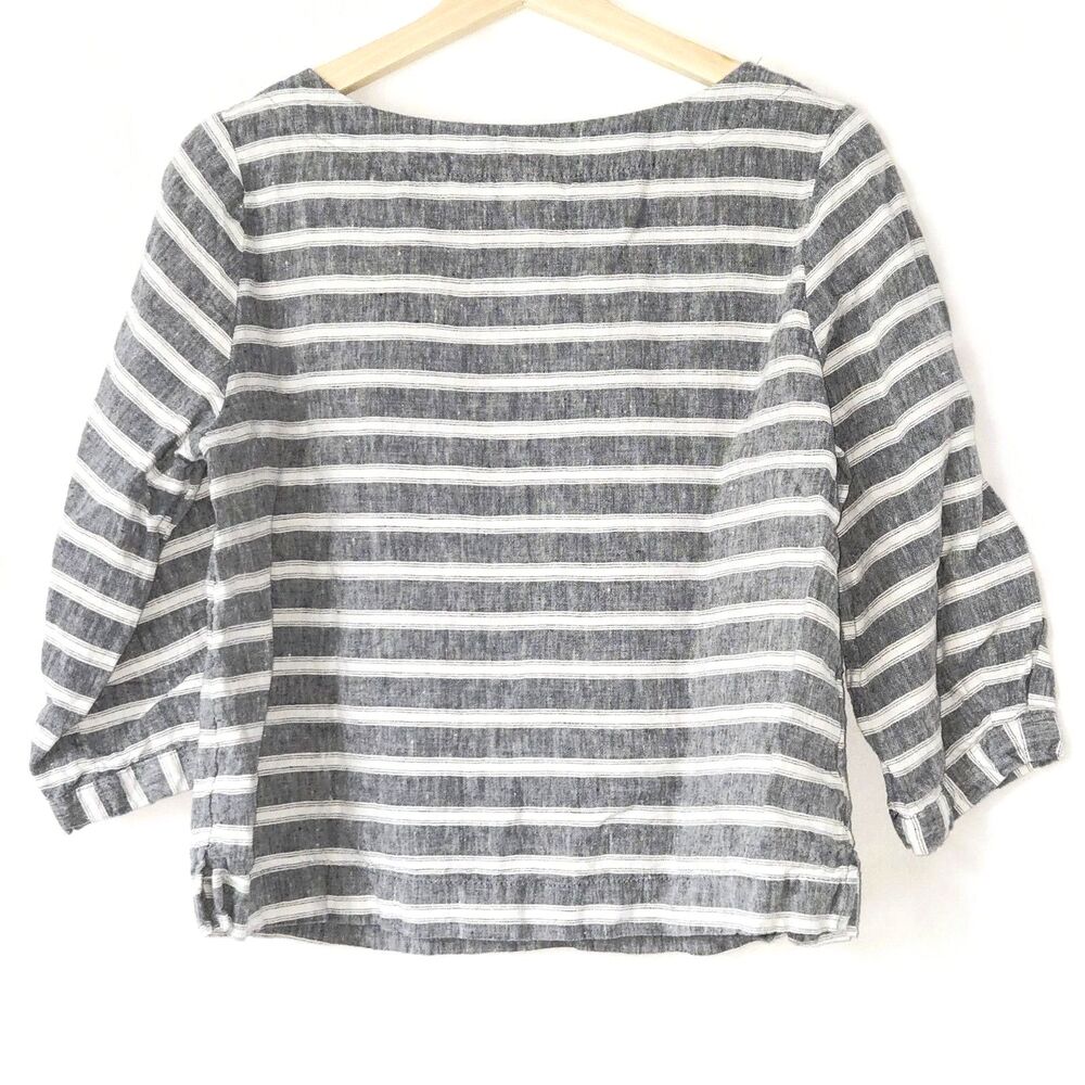 CHRISTIAN SIRIANO TOP Linen Blouse Grey/White Stripes 3/4 Sleeve Women Medium US - Picture 3 of 5